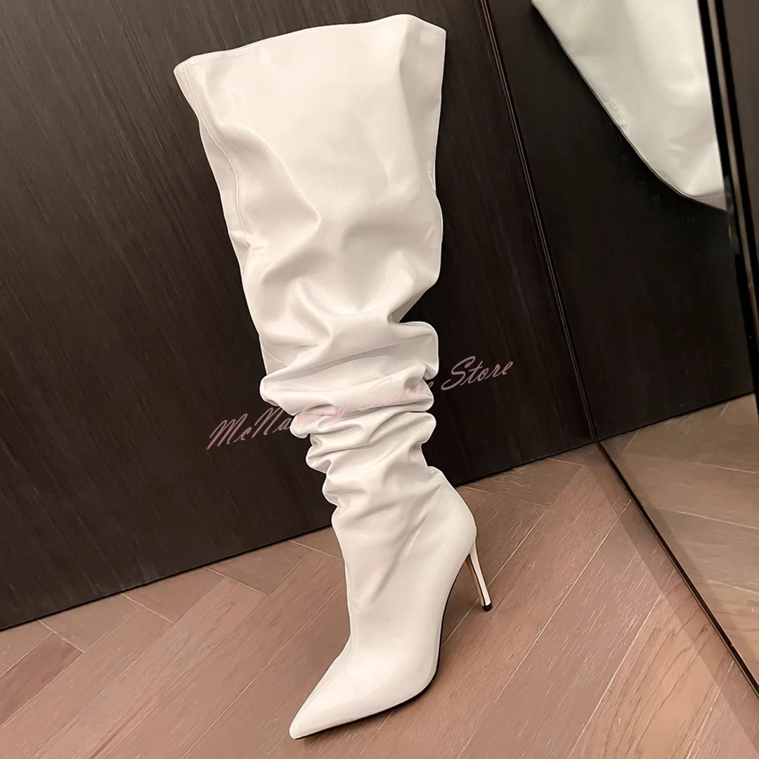 Pleated Thigh High Boots Solid Leather Pointy Toe Stiletto Heels Big Size Boots Women Sexy Style Shoes Winter Party Slip On Shoe