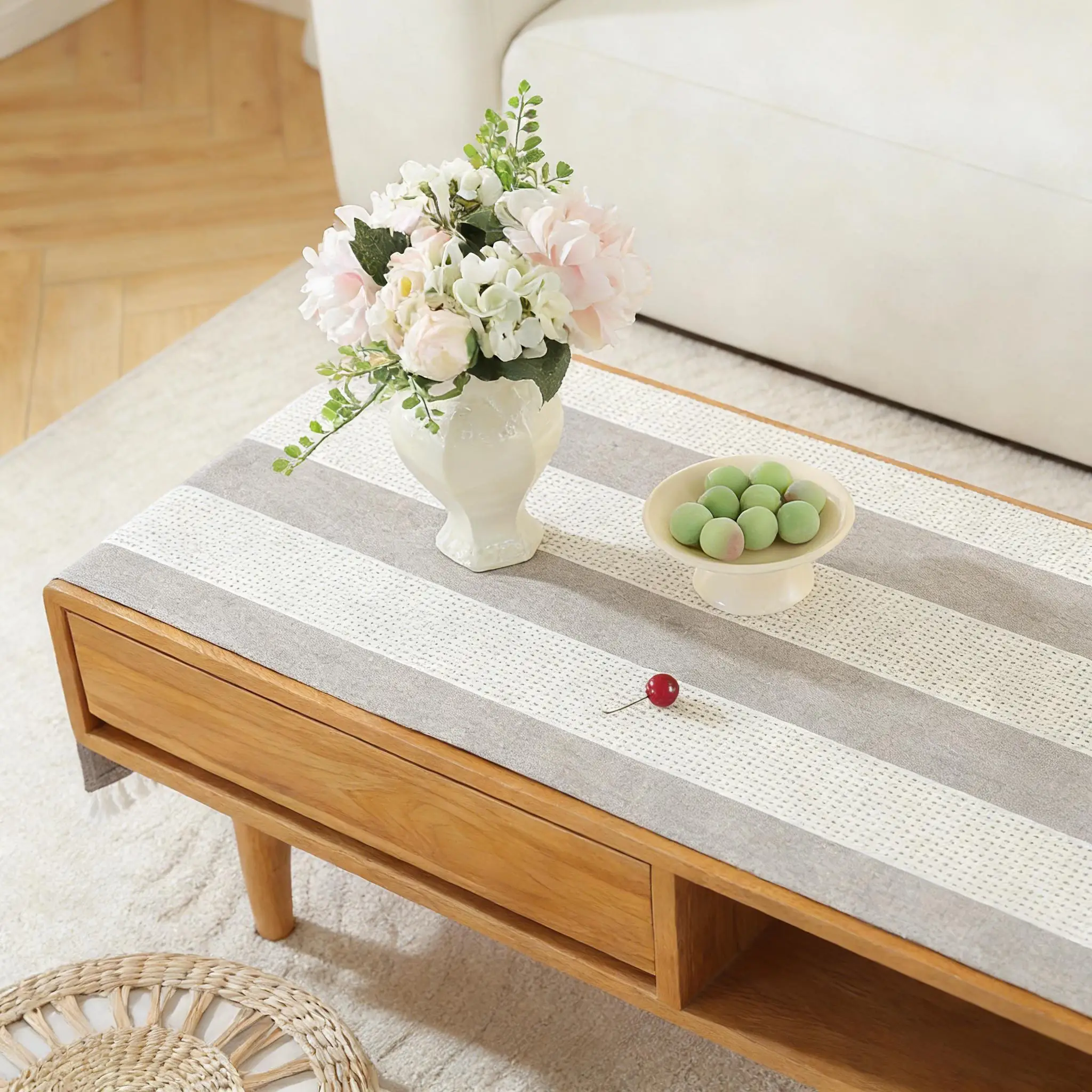 Cotton Linen Tassel Coffee Table Tablecloth Living Room Rectangular Tablecloth Cover with Pockets Farmhouse Coffee Table Cloth