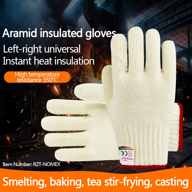 

Двухслойные арамидные противорежущие, теплоизоляционные и износостойкие высокотемпературные перчатки для производства стекла.