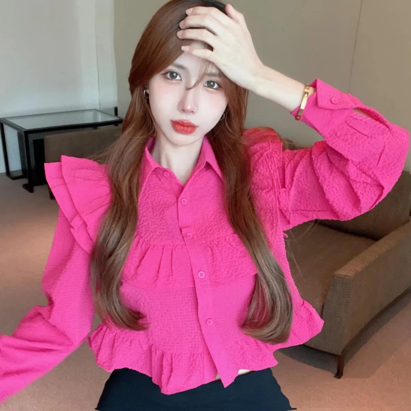 Women Ruffle Rose Red Long Sleeve Blouse Solid Ruffle Polo-Neck Elegant Pleated Shirt Blusas Korean Button Sweet Up Cute Tops