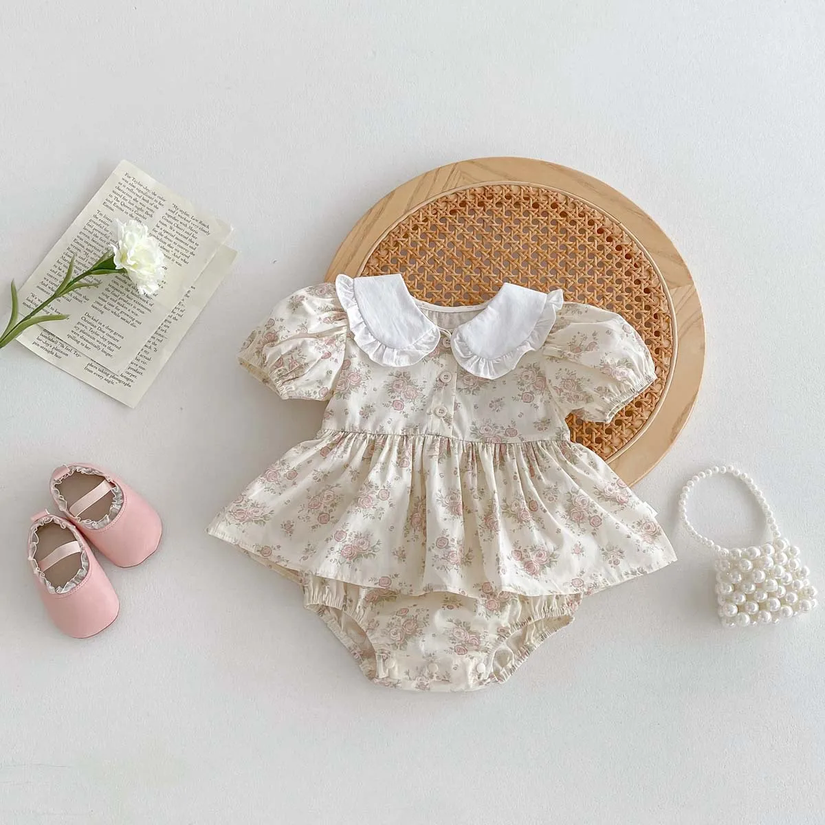 

2024 Summer Baby Clothes Newborn Floral Print Lapel Puff Sleeve Bodysuit Dress Fashion Girl Infant Casual Cotton Onesie Dresses