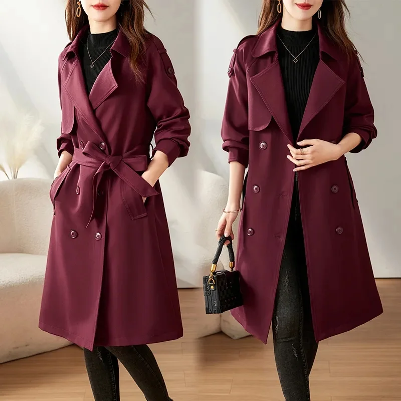 

Femme Medium Long Styles Trench Jacket Spring Autumn Women High-grade Lined Outwear Korean Ladies Long Sleeves Windbreaker Coat