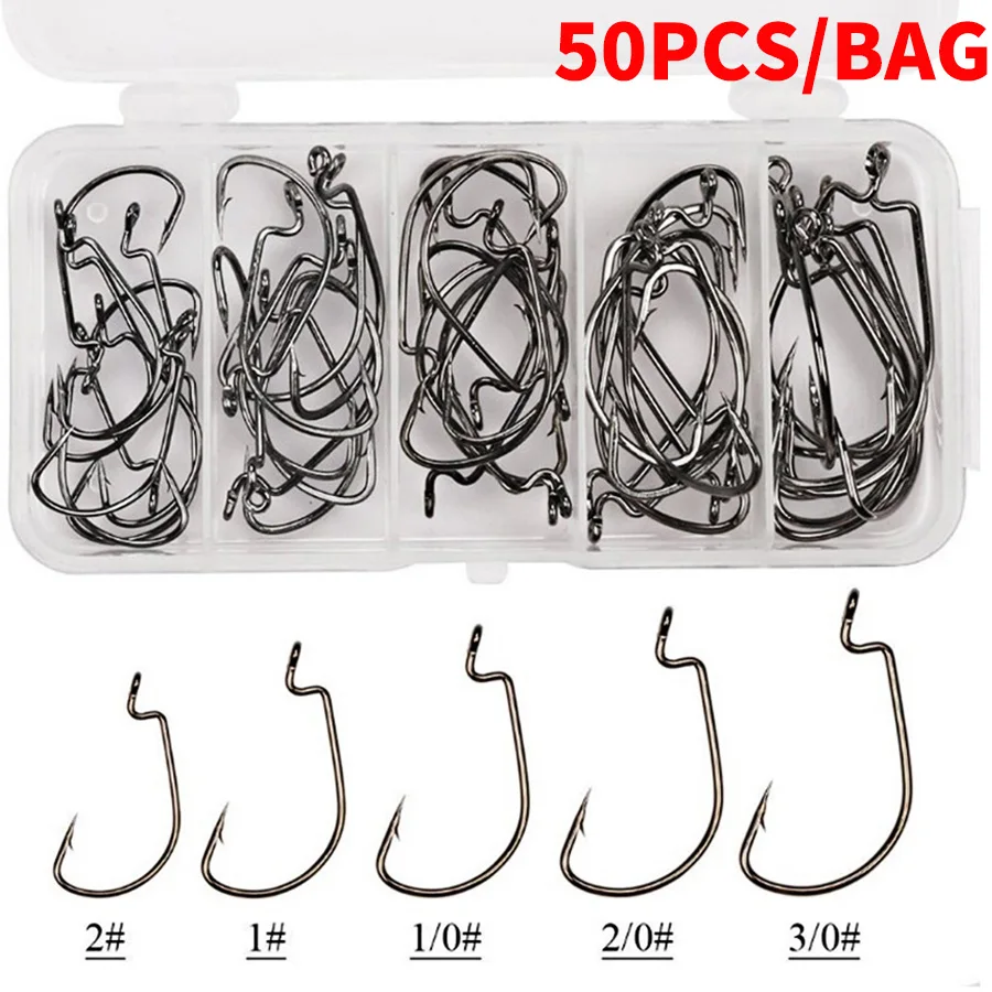 BODECIN 50pcs Sea Fishing Hook Set Offset Hooks Owner Barbed Carp Snap Treble Hooks Fishing Tackles  Wide Gap Texas Fishhook