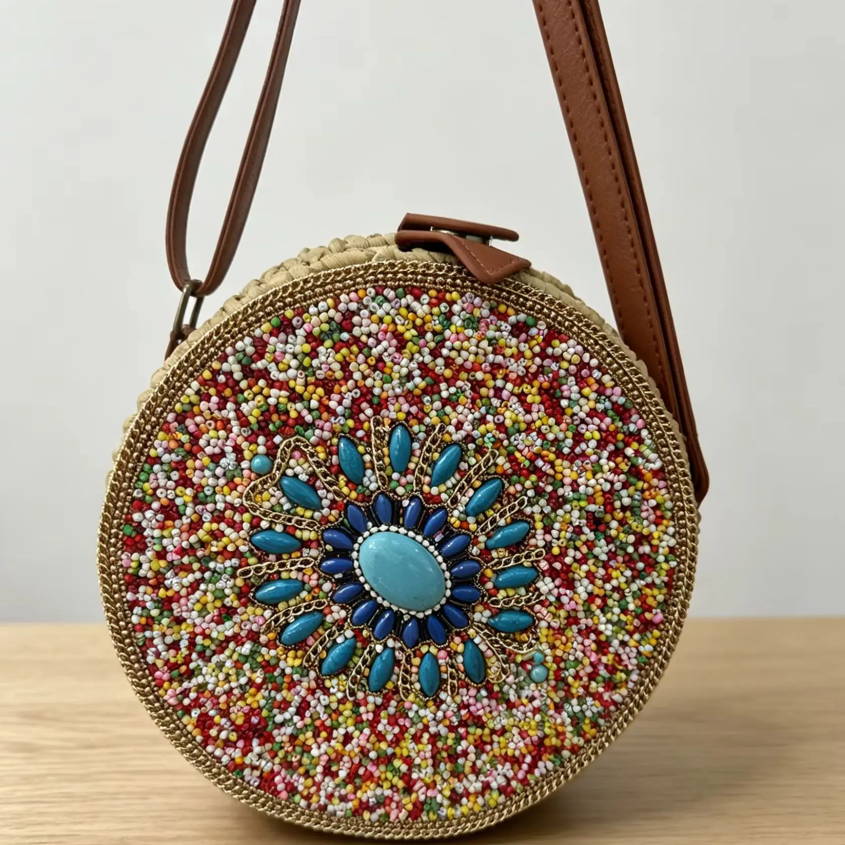 peacock blue sky stone colorful broken beads round bag beach music festival vacation essential handmade collectible model