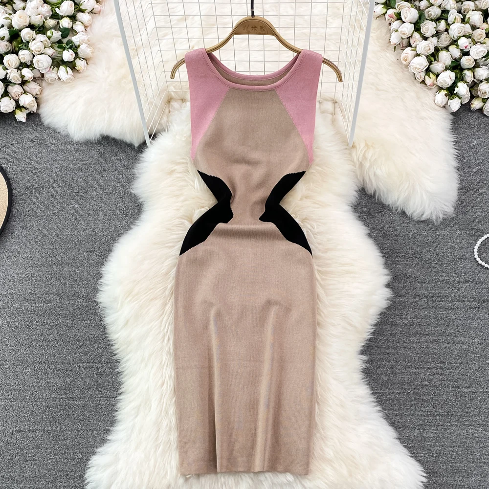 Women Chic Sleeveless Bodycon Midi Dress Sexy Korean Fashion Knit Wrap Vestidos Summer Casual Elastic Slim Pencil Dress Y2k