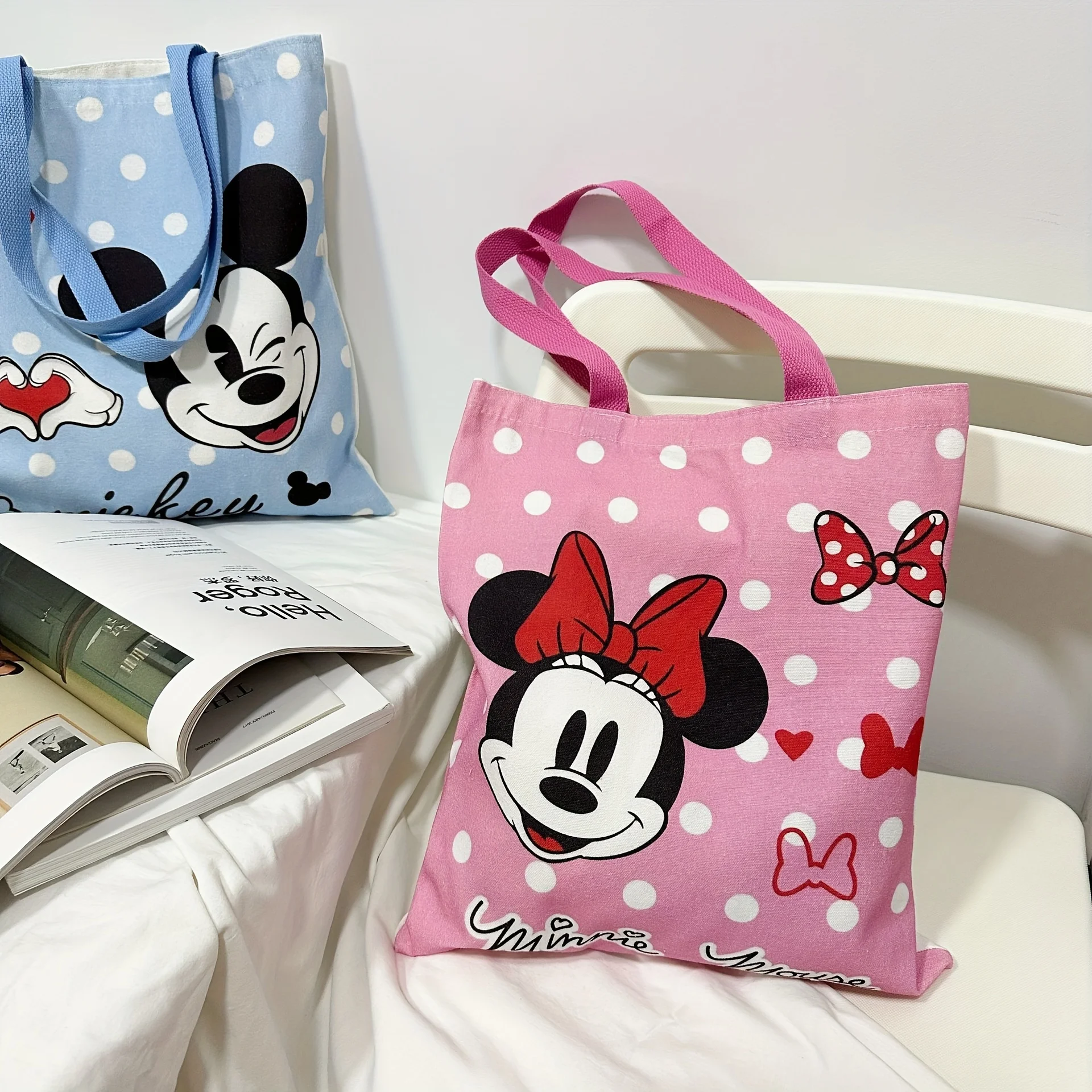 MINISO Disney Adorable Mickey Minnie Canvas Bag Multi Use Secure Drawstring Shoulder Tote for Shopping School Portable Bag