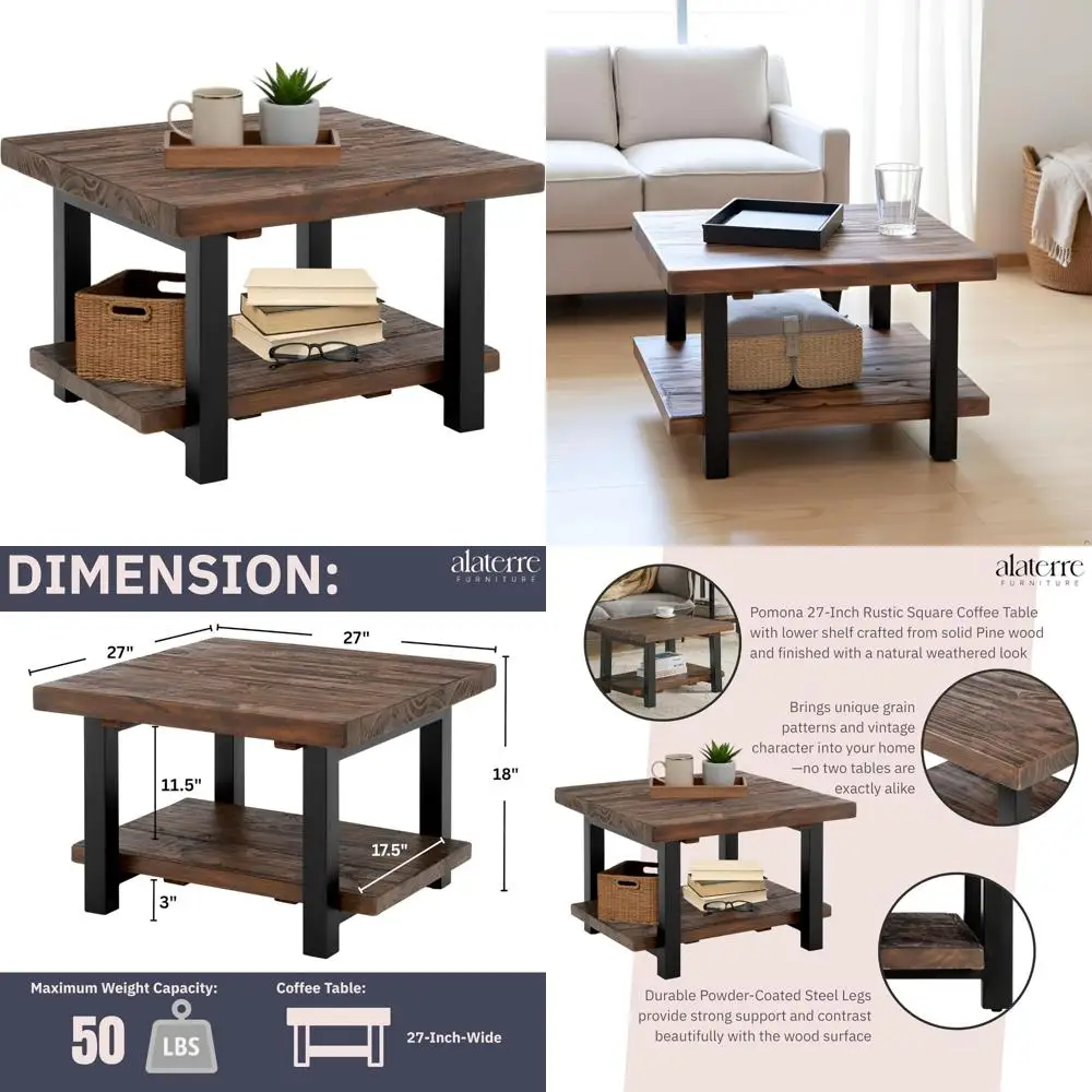 

27-дюймовый квадратный журнальный столик в деревенском стиле — массив сосны с потертой отделкой и промышленных металлических ножками для небольших помещений