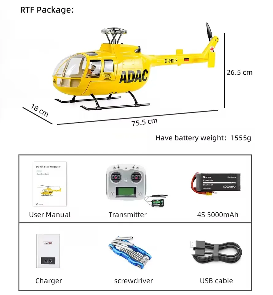 FLY WING BO105 RC Helicopter 470 Klasse 6CH Schaal Helikopter 470 Maat BO105 Vliegtuig 4 Blades Rotorkop One-key Return