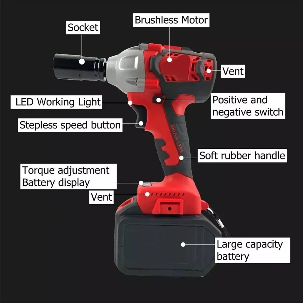 88VF 520N.m Cordless Electric Impact Wrench Brushless Electric Wrench Power Tool Rechargeable Wrench With Battery Sockets