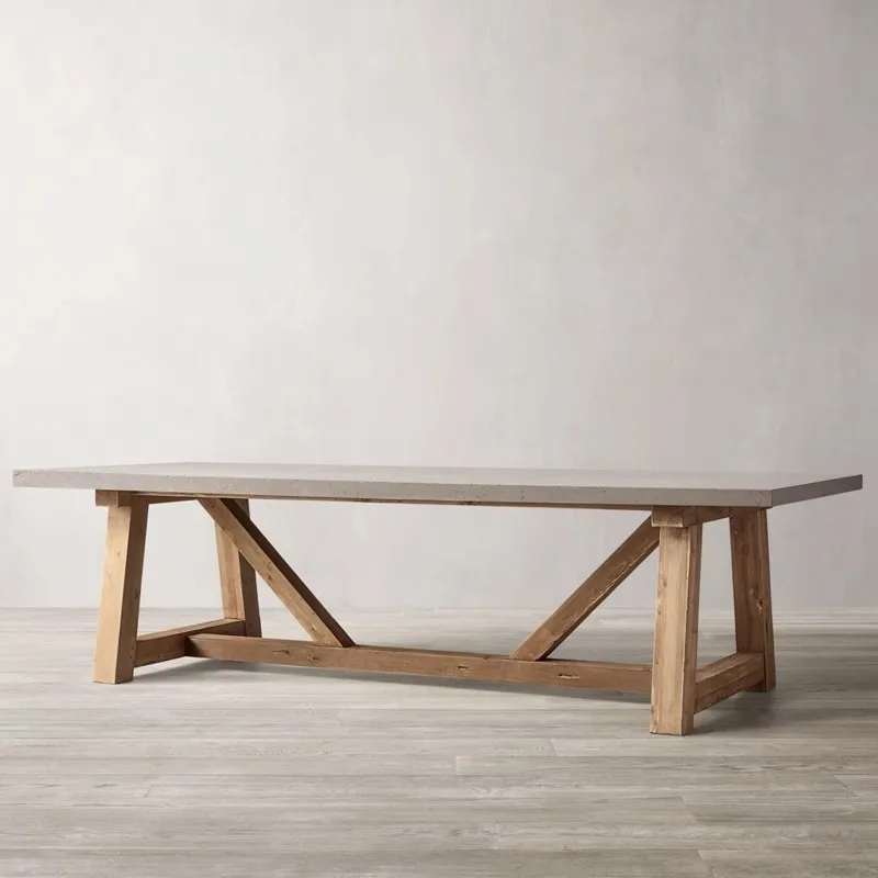 

American simple wabi style dining table all solid wood minimalist cement gray retro dining table rectangular desk workbench