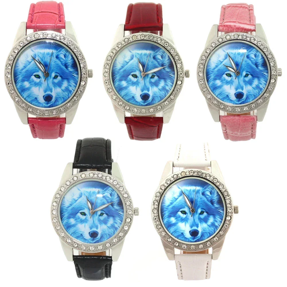 5Pcs Wolf Dial Women's Quartz Watch Casual Analog Wristwatch with Leather Strap Cartoon Fashion Accessory for Ladies