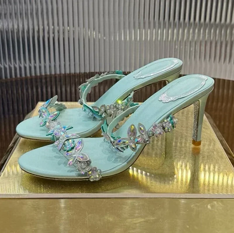 Summer Stiletto Slippers Women Rhinestone Flower Butterfly Open Toe High Heels Fairy Sandals Fashion Party Banquet Shoes