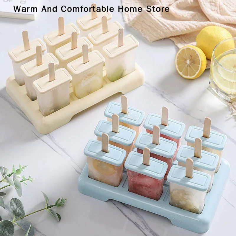 【W】9 Grid Ice Cream Popsicle Mold DIY Ice Cream Machine Homemade  with Plastic Stick Ice-lolly Mold Ice Cube Tray Kitchen Ga