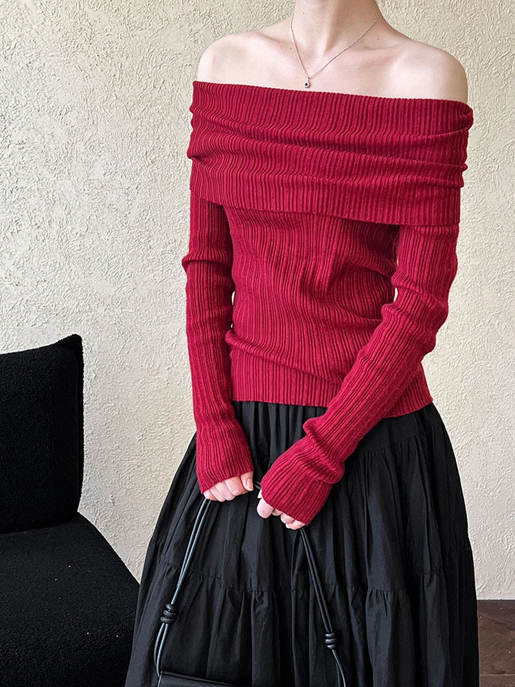 [EAM] Red Gray Elegant  Knitting Sweater Slash Neck Long Sleeve Women Pullovers New Fashion Tide Spring Autumn 2024 1DH7608