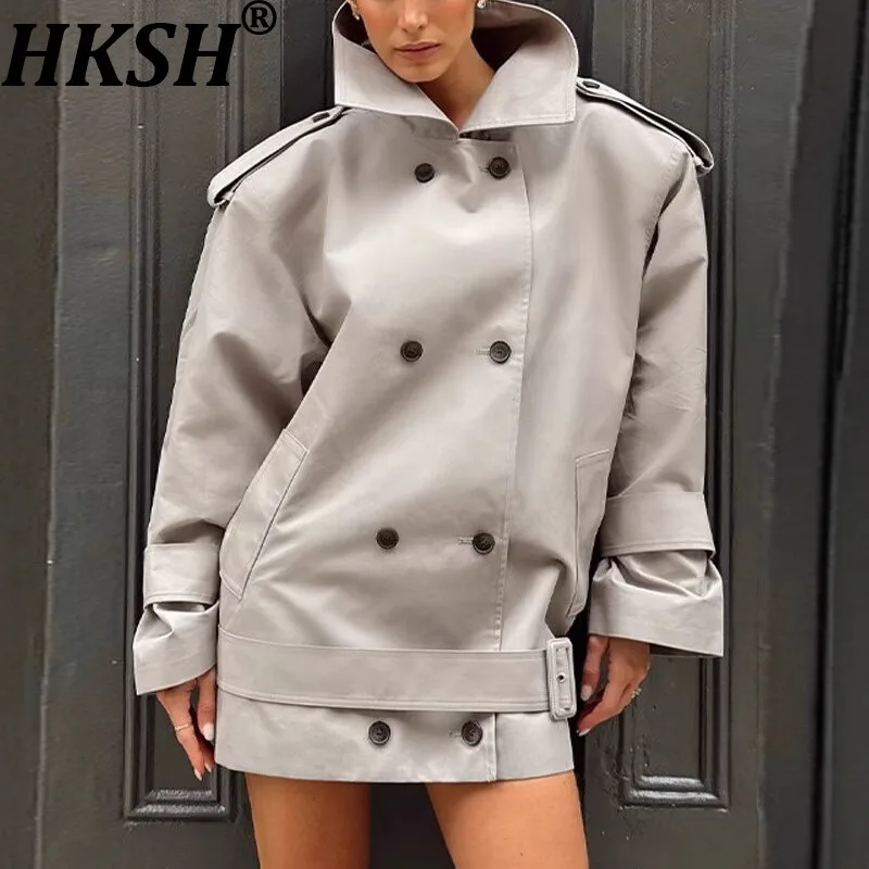 

HKSH весенне-осенний новый женский плащ с воротником-стойкой, двубортный пояс, высококачественная повседневная куртка во французском британском стиле HK14626