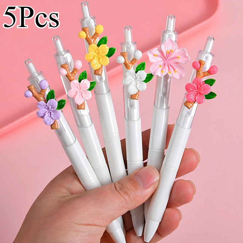 

5Pcs Flower Gel Ink Rollerball Pens Medium Point 0.5mm Quick-Dry Plastic Pens Colorful Flower Design Retractable