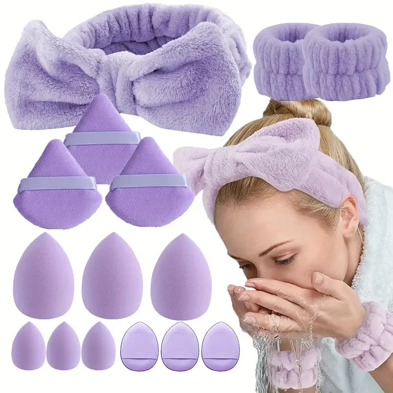 15pcs Combination Triangle Powder Puff Beauty Makeup Puff Set Women Make Up Tools With 1pc Bowknot Headband and 2pcs Wristbands