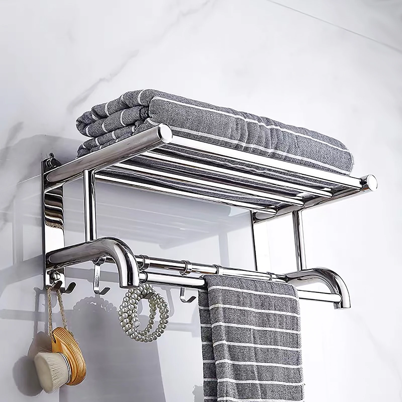 Telescopic Towel Drying Rack Shower Shelf 304 Stainless Steel With Double Towel Bar And 4 Hooks