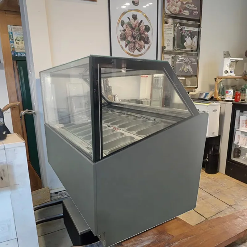 Commercial Use 16-Pan Ice Cream Scooping Freezer Single-Temperature Ice Cream Dipping Glass Showcase Cabinet Display Fan Cooling