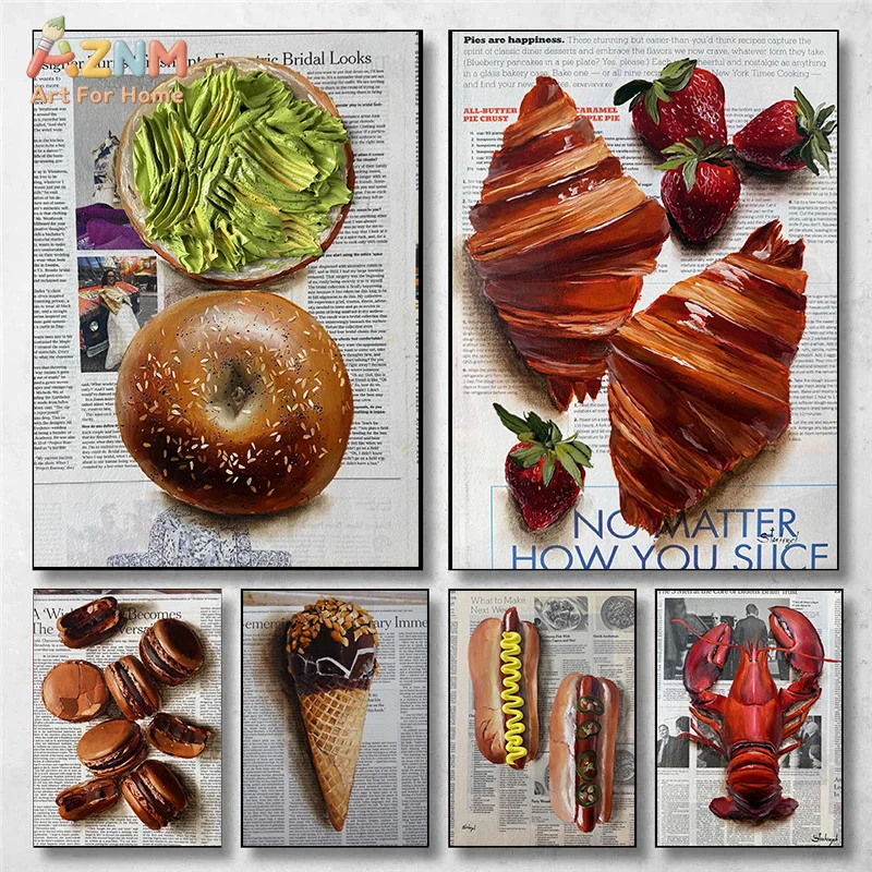 AZNM Newspaper Background Food Canvas Wall Art Croissant Bagel Ice Cream Lobster Oil Painting Retro Kitchen Dining Room Decor Un