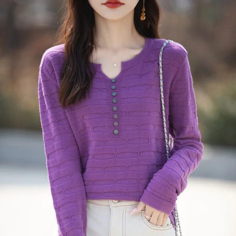 Autumn New Women 100% Cotton Sweater V-neck Half Open Buckle Pullover Square Pit Sweater Slim Knitted Warm Bottoming Female Tops