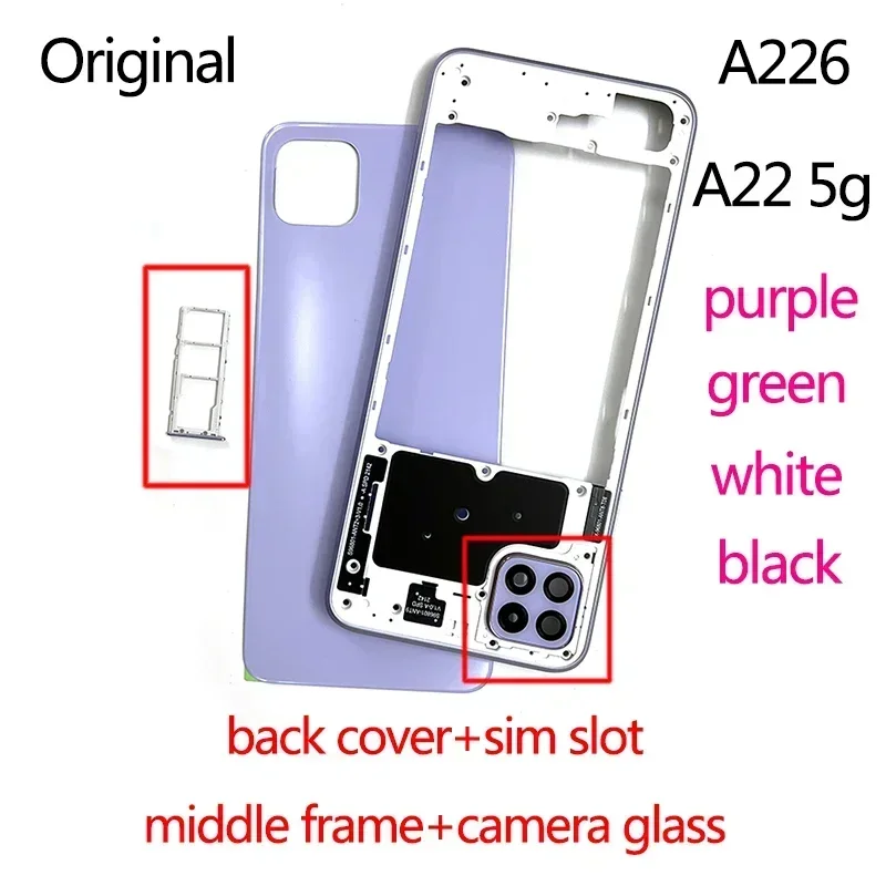 

Ori A22 Rear Door Battery Back Cover Middle Frame Case for Samsung Galaxy A226 A22 5g Phone Parts Plate Bezel Sim Slot Tray