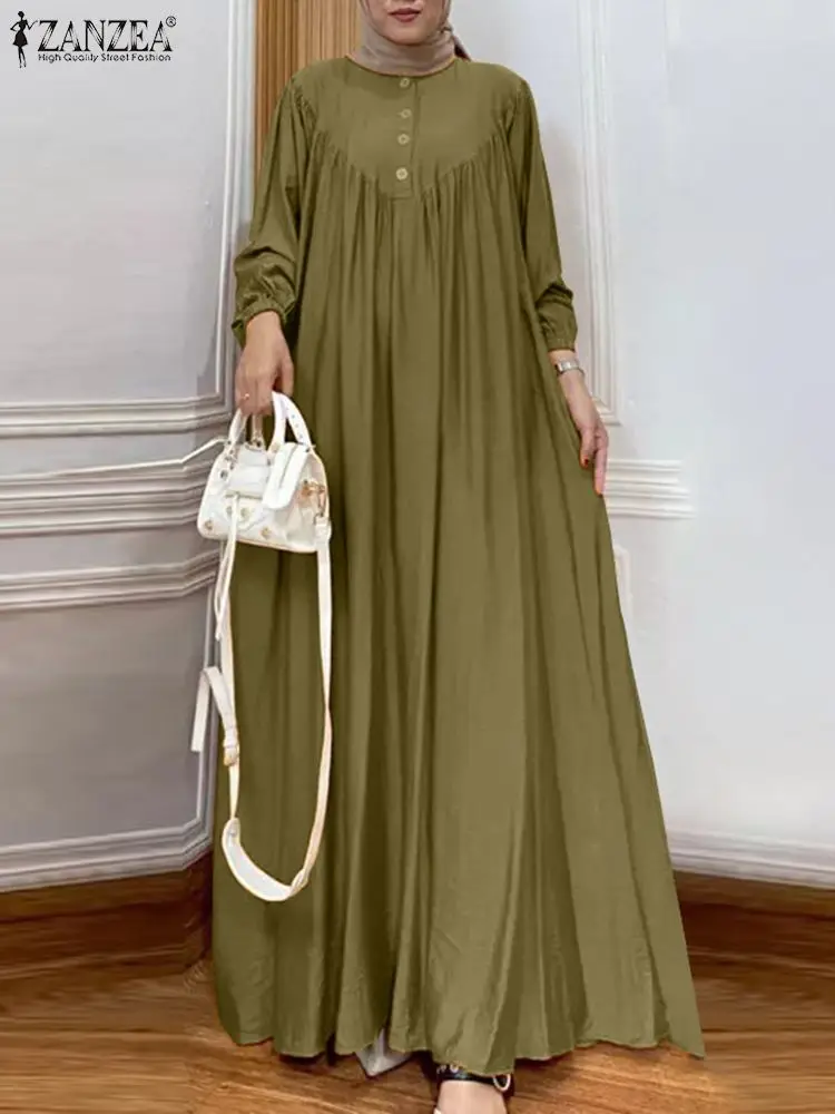 ZANZEA Solidna muzułmańska sukienka islamska damska Vintage Turkey Abaya Robe Long Sleeve Hijab O Neck Pleated Loose Kebaya 2025