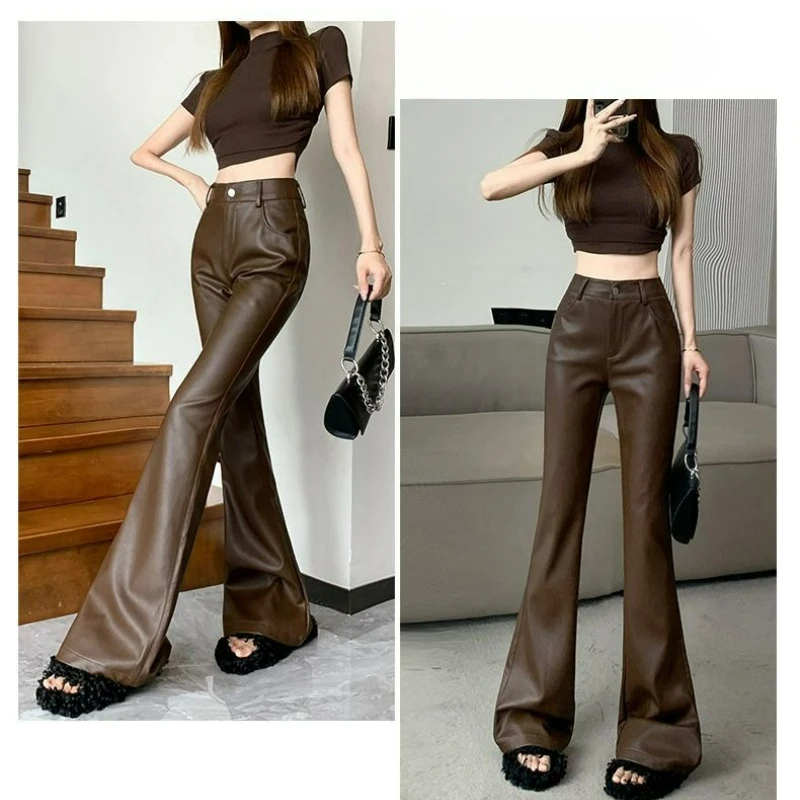 

Women's 2026 Autumn/Winter Korean-style Fashionable Stylish Retro PU Leather Pants Versatile High-waisted Slimming Flared Pants