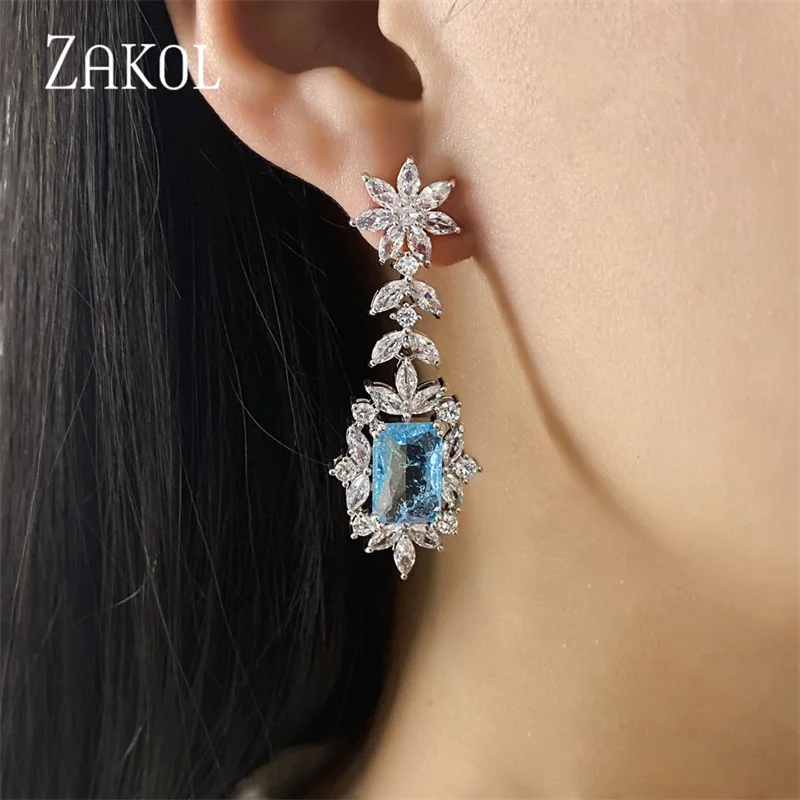 ZAKOL Vintage Square Leaf Cubic Zirconia Drop Earrings for Women Luxury Exquisite Royal Blue CZ Wedding Banquet Jewelry EP5361