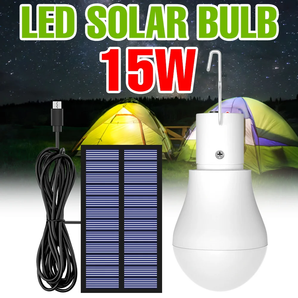 15W LED Outdoor Solar Lamp Garden Light Waterproof Hiking Fishing Camping Portable Emergency Lighting Bulb With Hook Solar Panel