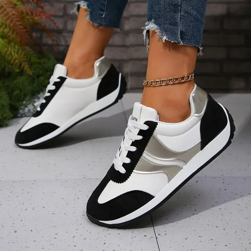 

Shoes for Women 2024 Mixed Color Round Toe Flat with Women's Casual Shoes Lace Up Women's Vulcanize Shoes Outdoor Women Sneakers