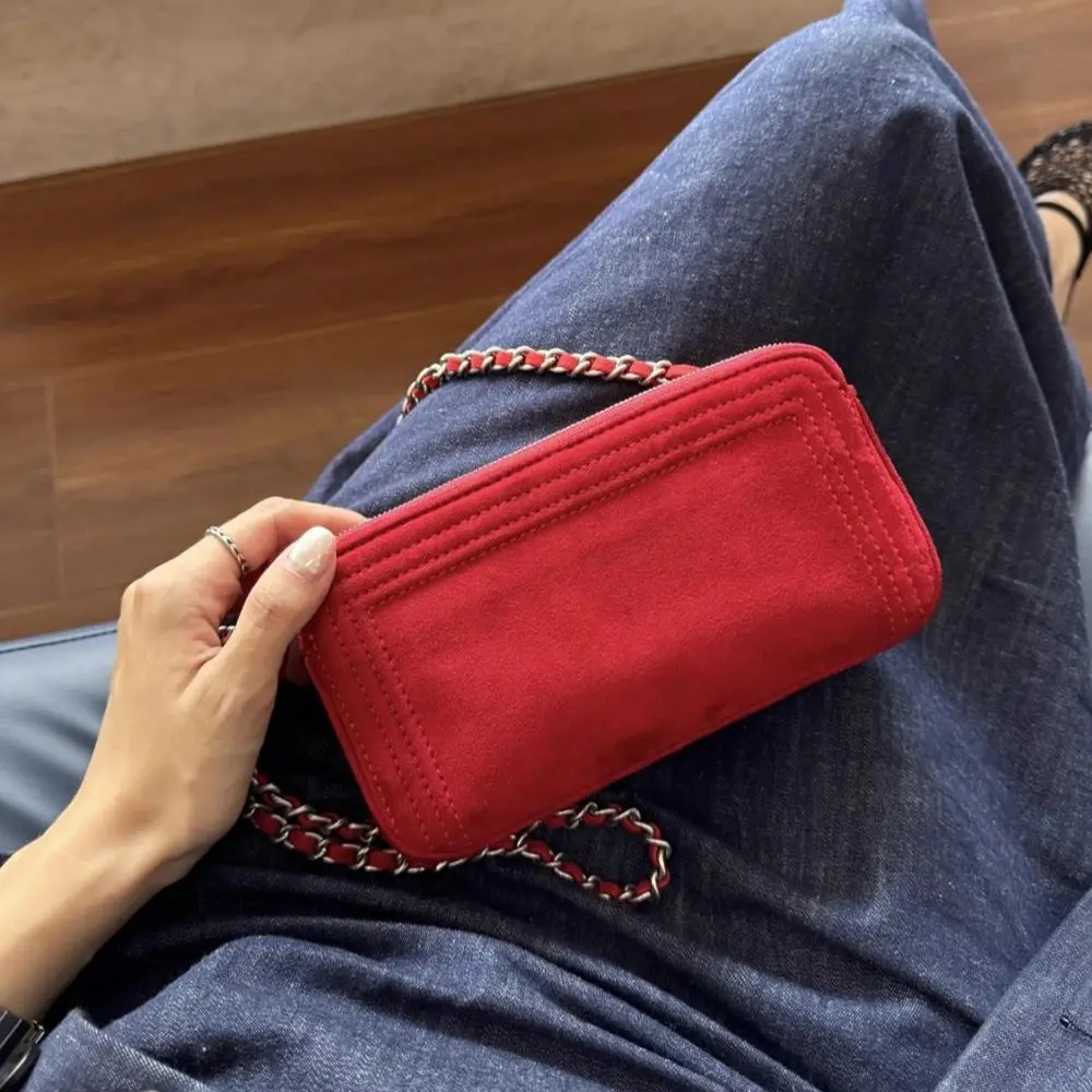 

Retro Red Suede Chain Bag Women's Fashion Double Zipper Versatile Mobile Phone Bag Crossbody Shoulder Small Square Handbag