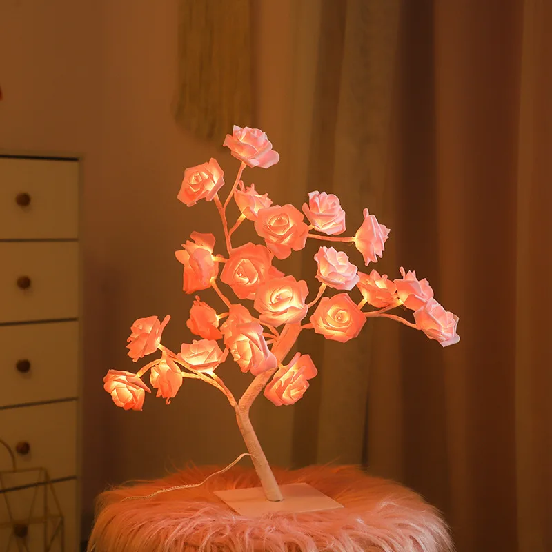 24 LED Red Rose Tree Lights USB Table Lamp Fairy Flower Night Light for Home Party Christmas Wedding Bedroom Decoration Gift