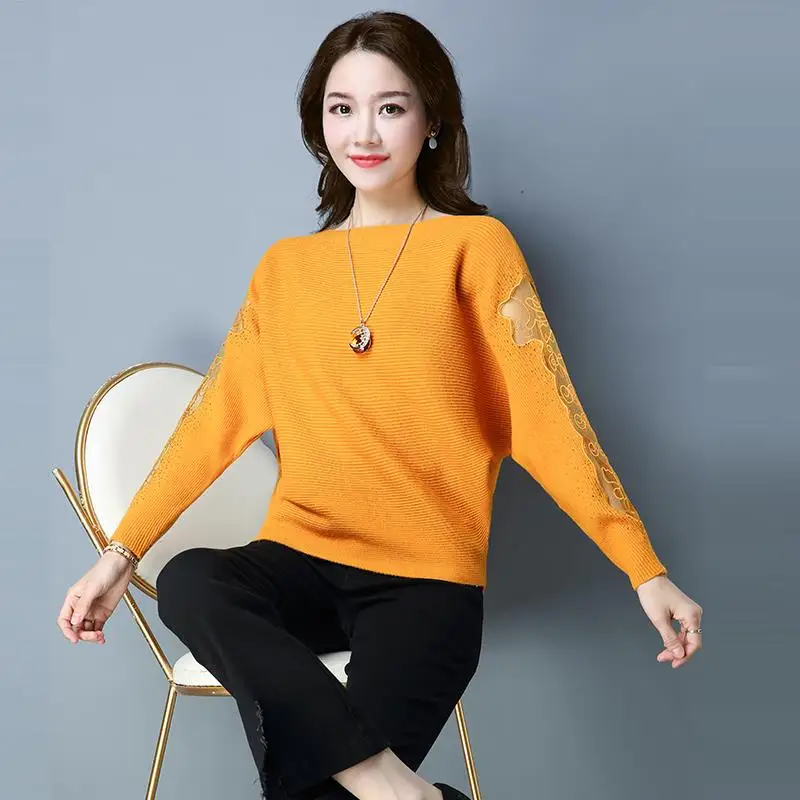 Faionable Knitted Batwing Sve T-irt Women's Lace Sve One-oulder Slimming plus Size Top Spring Autumn New Arrival