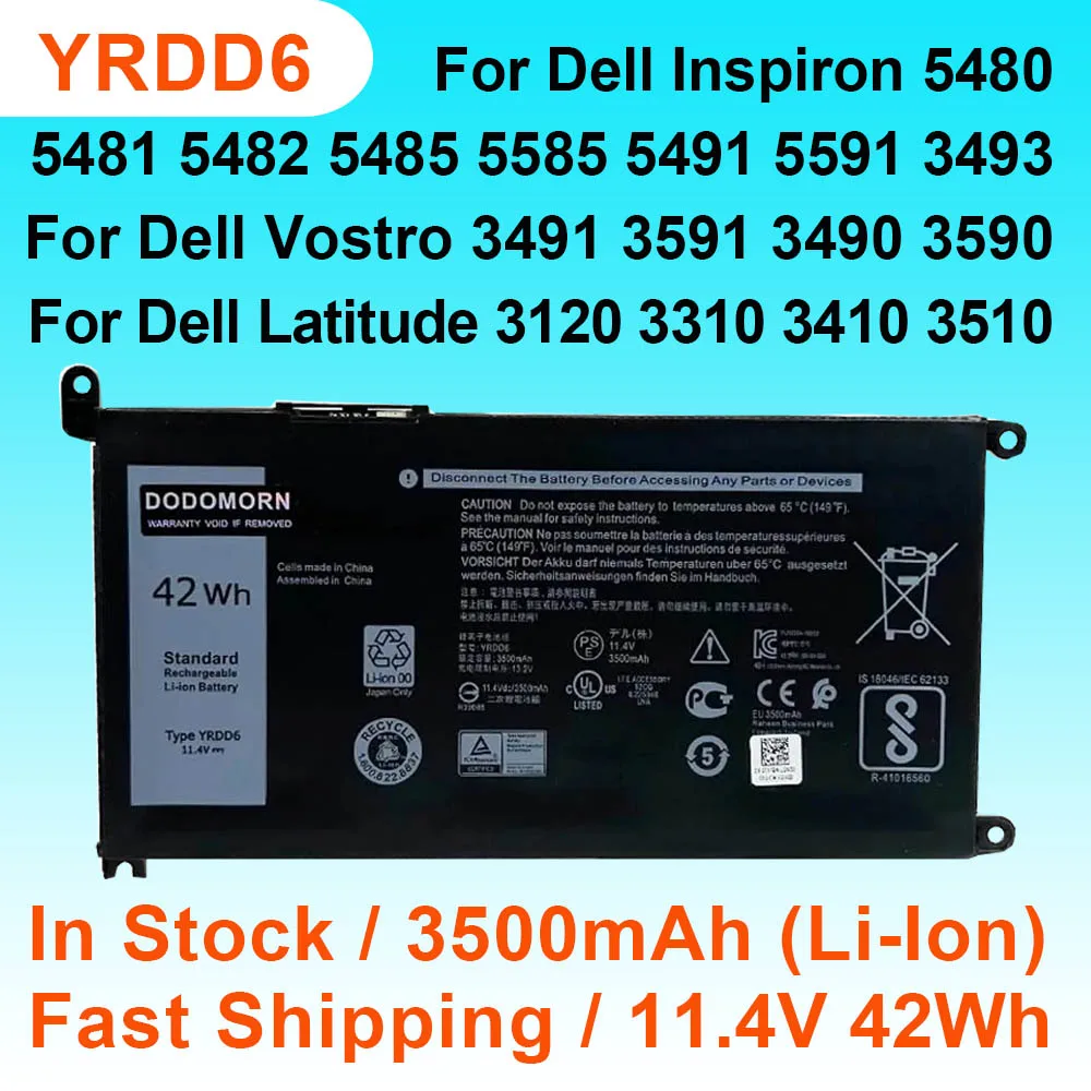 

YRDD6 For Dell Inspiron 5480 5481 5482 5485 5585 5491 5591 Vostro 3491 3591 3490 3590 Latitude 3120 3310 3410 Laptop Battery