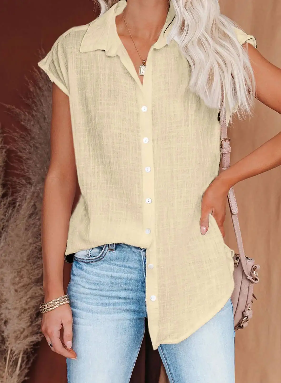 Verão feminino algodão linho camisa de manga curta botões solto tamanho grande cor sólida fina topo básico moda blusa