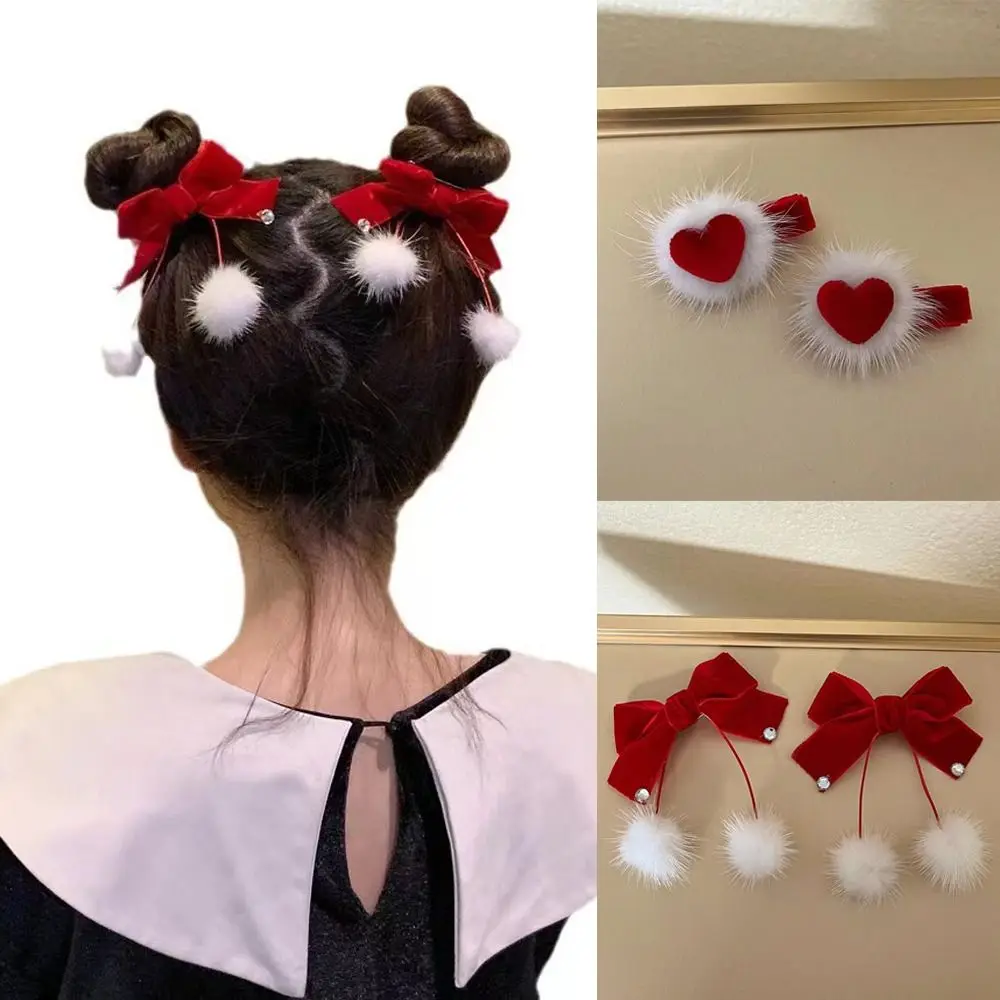 แฟชั่นปีใหม่ Furry Ball คลิปผมหวาน Elegant Duckbill คลิปฤดูใบไม้ร่วงฤดูหนาวสีแดง Bow Hairclip สําหรับผู้หญิงหญิง