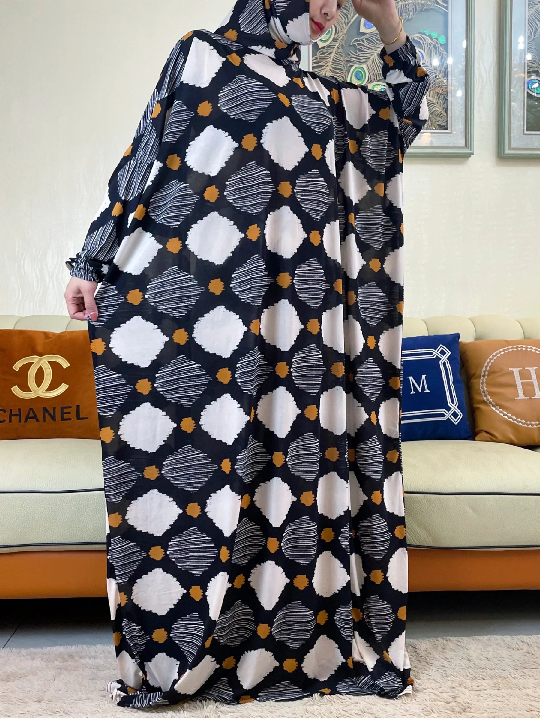 2023Women\'s Prayer Garment Ramadan Muslim Hooded Abaya Kaftan Abayat Islam Modest Prints Dress Robe Islamic Arab African Clothe
