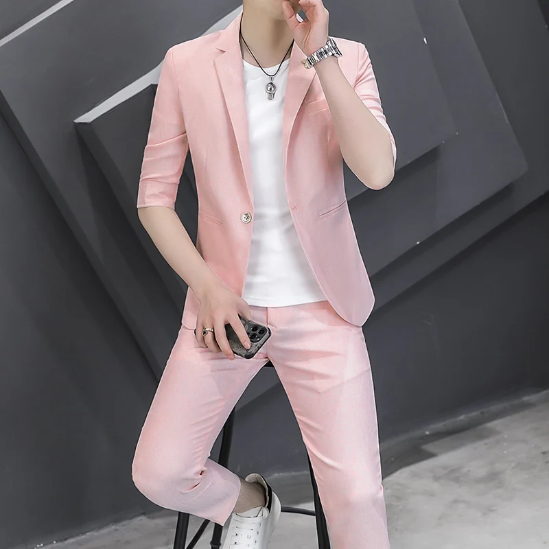 Summer Suit (suit + Trousers) Korean Version of Fashion Handsome Slim Mid-sleeve Casual Seven-point Sleeve Suit Two-piece Set