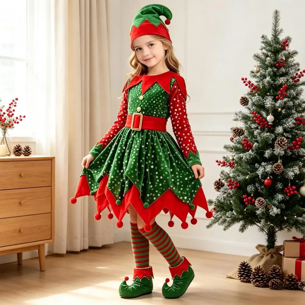 Girls Elf Outfit Girls Christmas Elf Costume Set with Sequin Dress Pointed Hat Striped Socks Shoe Covers for Holiday Party