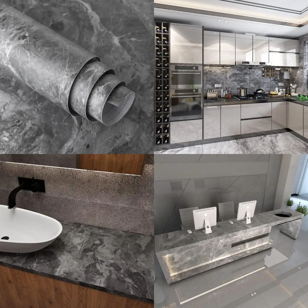 Extra Wide Marble Look Peel and Stick Countertop Contact Paper, Grey Matte Finish, 31.5x354 Inches, Kitchen Upgrade