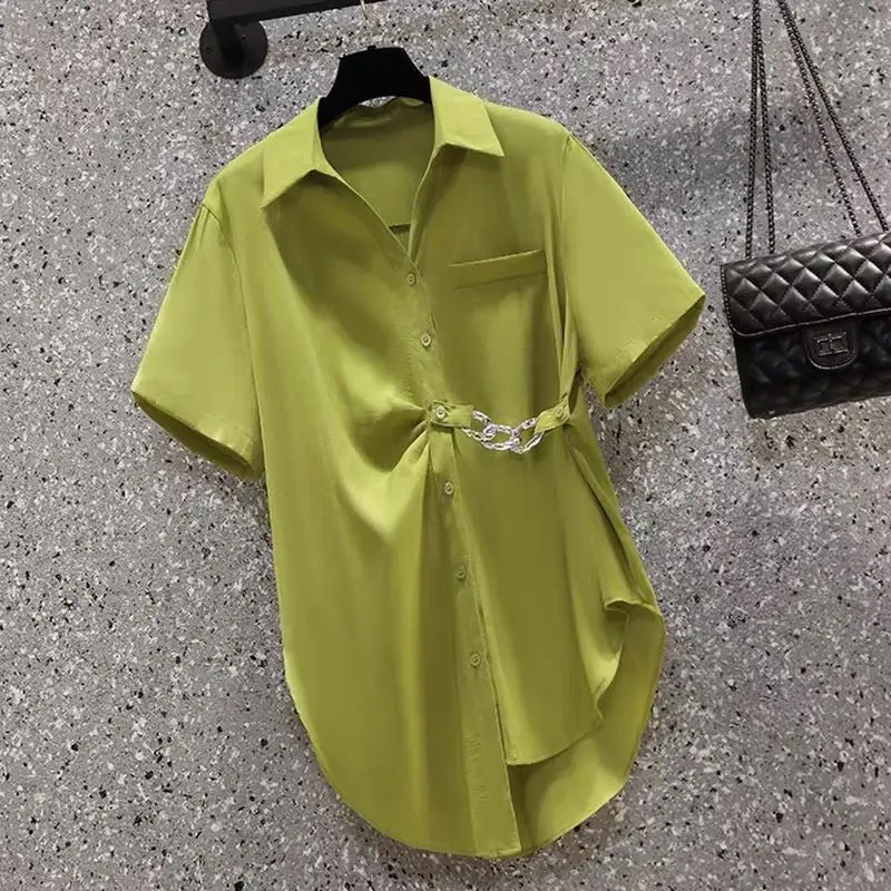 Green Button Down Shirt With Chain Belt Detail Casual Loose Fit Mid Length Summer Fashion Women's Blouse