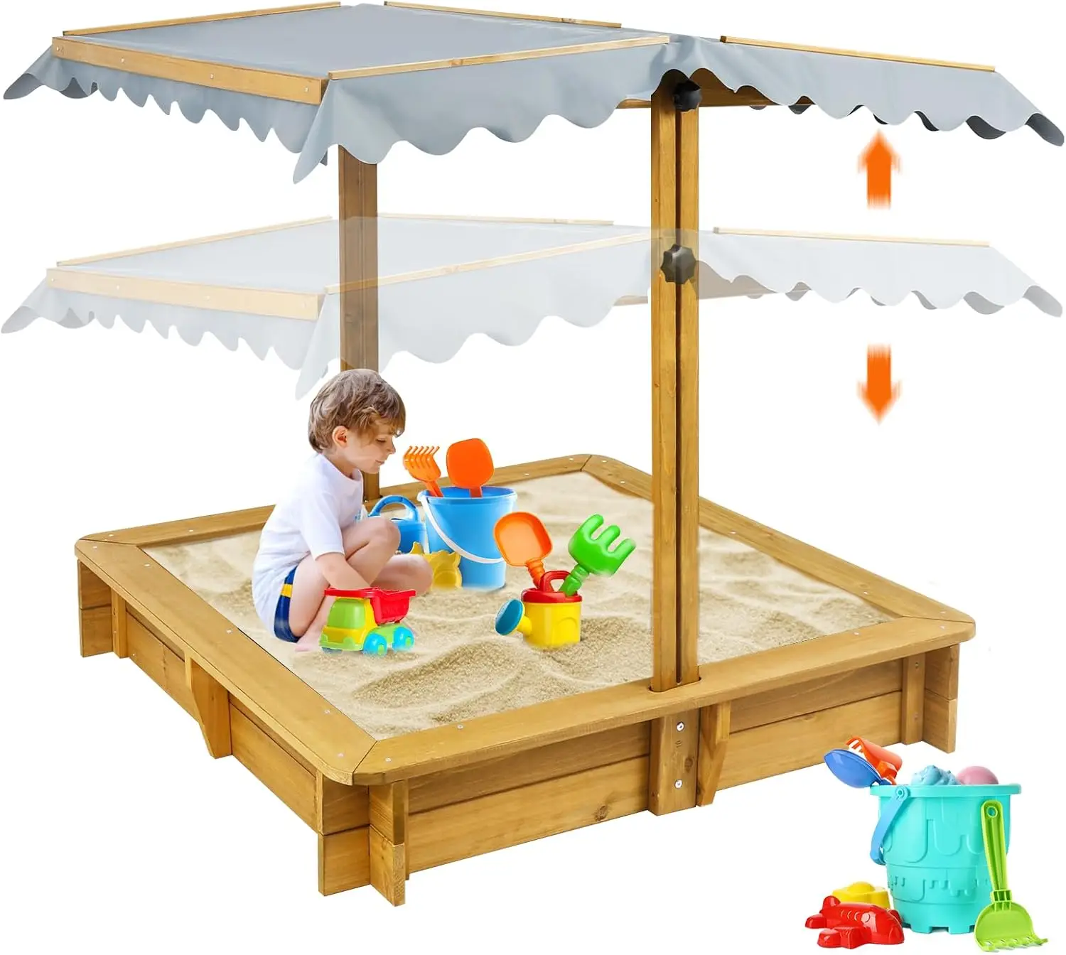 

Petscosset Wooden Sandbox with Cover, Outdoor Kids Sand Box with Lid, Reinforced Bench Seats
