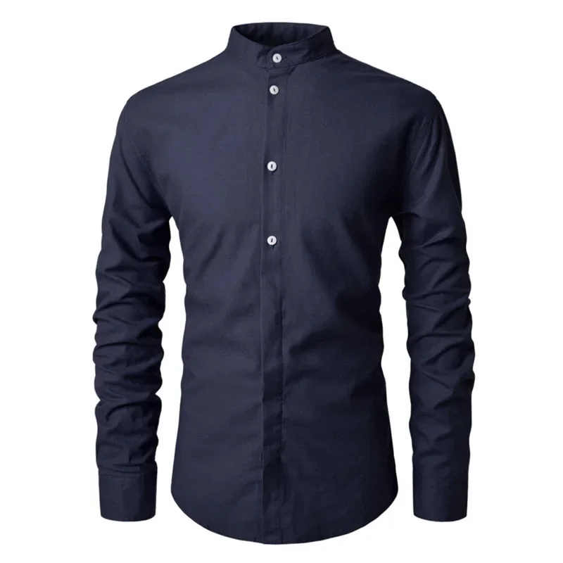 2023 Spring and Autumn New Men's Standing Neck Slim Fit Long Sleeve Shirt with Concealed Front Men's Shirt