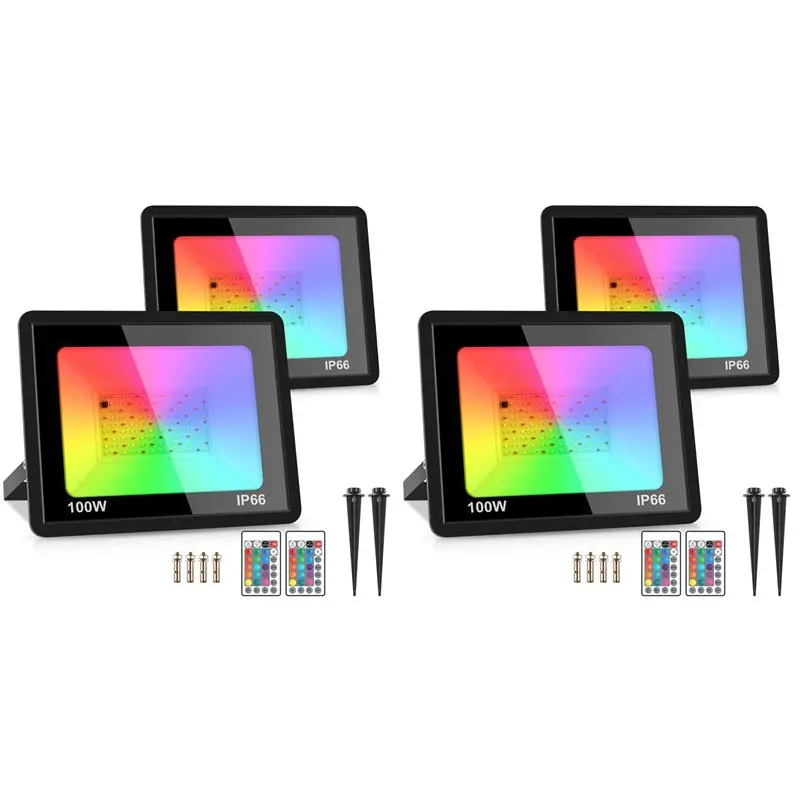

B14C, комплект из 4-х светодиодных прожекторов RGB мощностью 100 Вт, IP66, водонепроницаемые, с изменением цвета, с пультом ДУ, для вечеринок, Хэллоуина, 220 В