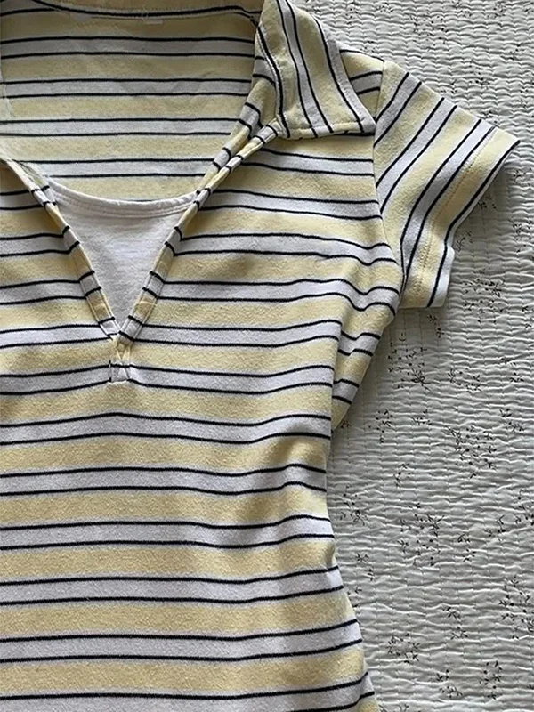 

Оригинальная футболка с желтым полосатым воротником ort Sve, винтажный ретро-дизайн, облегающий хлопковый топ для молодых женщин