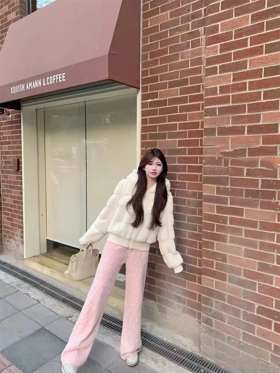 Chaqueta holgada y cálida de manga larga con capucha de pelo de visón sintético para mujer, prendas de vestir esponjosas de piel sintética con cremallera de Color sólido para otoño e invierno