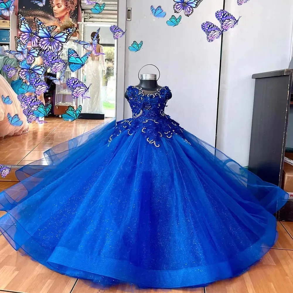 

Royal Blue Flower Girl Dresses for Wedding With Bow Beaded Lace Appliques Birthday Party First Communion Gowns Customized