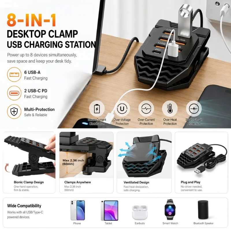 8-Port Clip USB Charging Hub 6 USB-A + 2 PD Type-C Fast Ports Multi-Outlet Adapter Home Office Camping Use for Phones Tablets