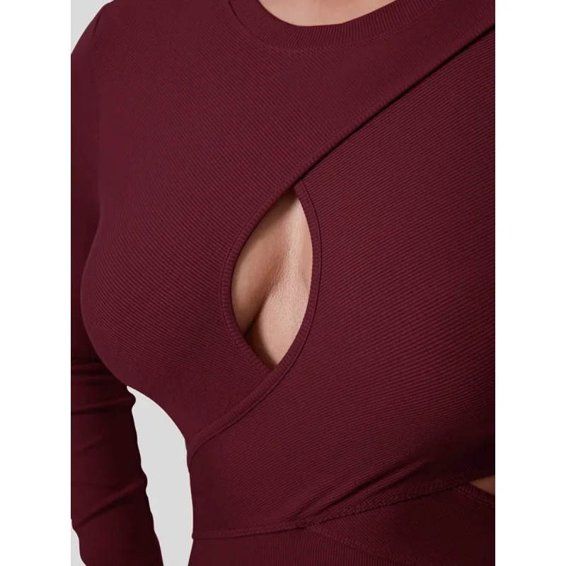 فستان YQ1-Women's ذو اللون الصلب المثير المجوف مقاس نحيف وأكمام طويلة